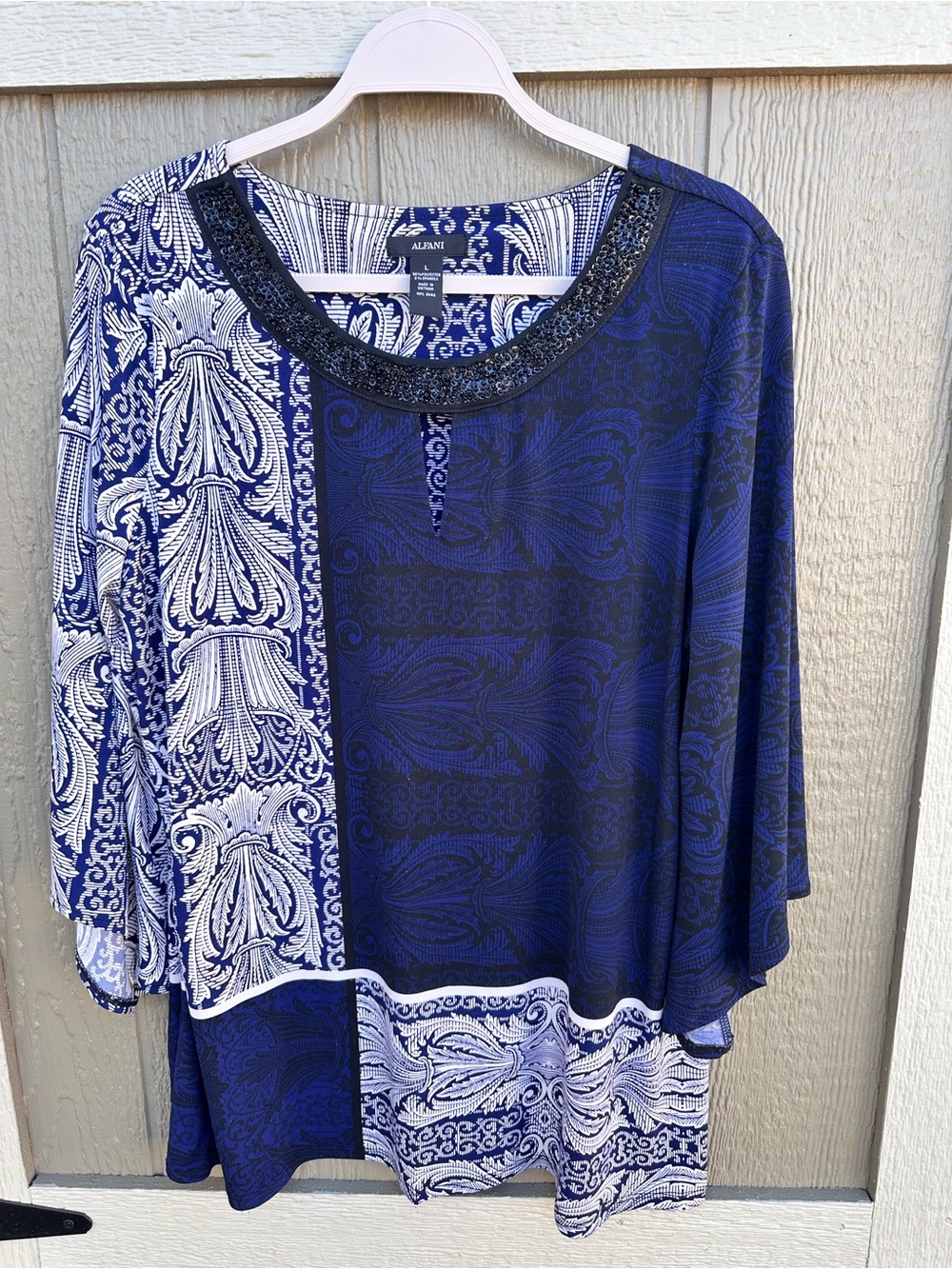 Alfani Navy and White Patterned Embellished-Neck Tunic